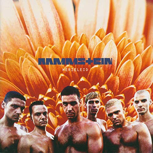 Rammstein “Herzeleid” CD cover: band members before an orange floral background.