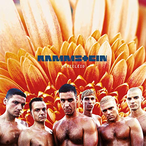 Rammstein “Herzeleid” CD cover: band members amidst a large orange flower.