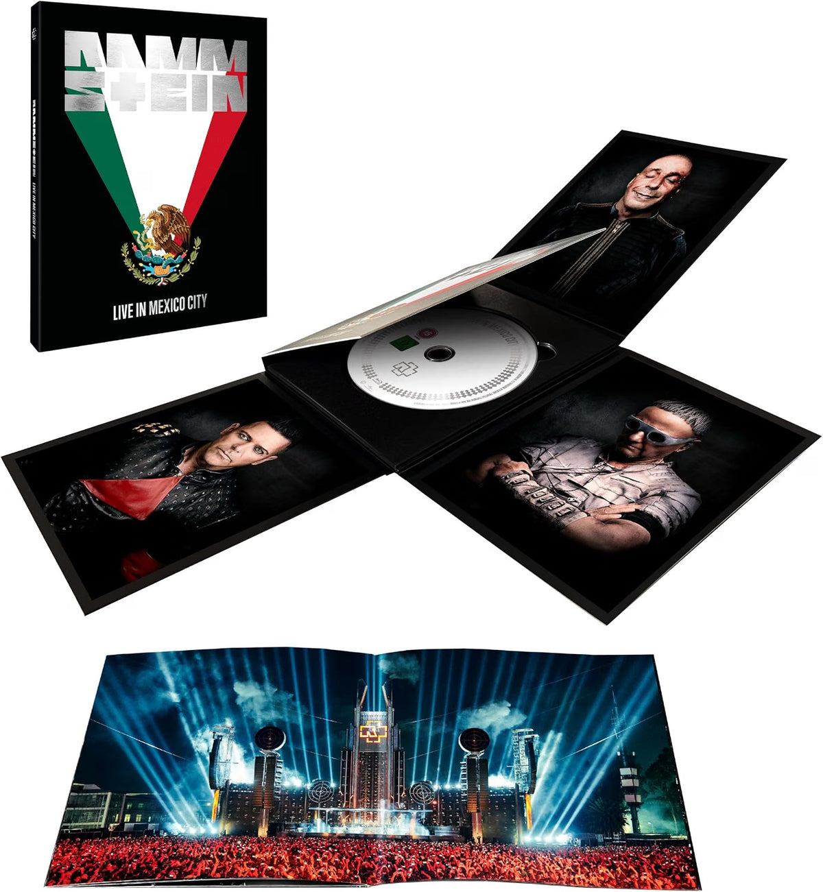 Rammstein "Live In Mexico City" Blu-ray packaging with band members and concert scene.