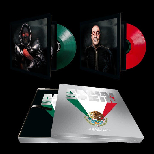 Rammstein vinyl box set with green and red records, Mexico City artwork.