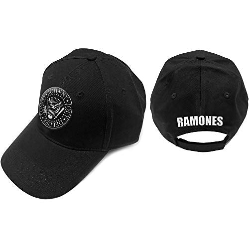 Black baseball cap with a white Ramones presidential seal logo and rear text.