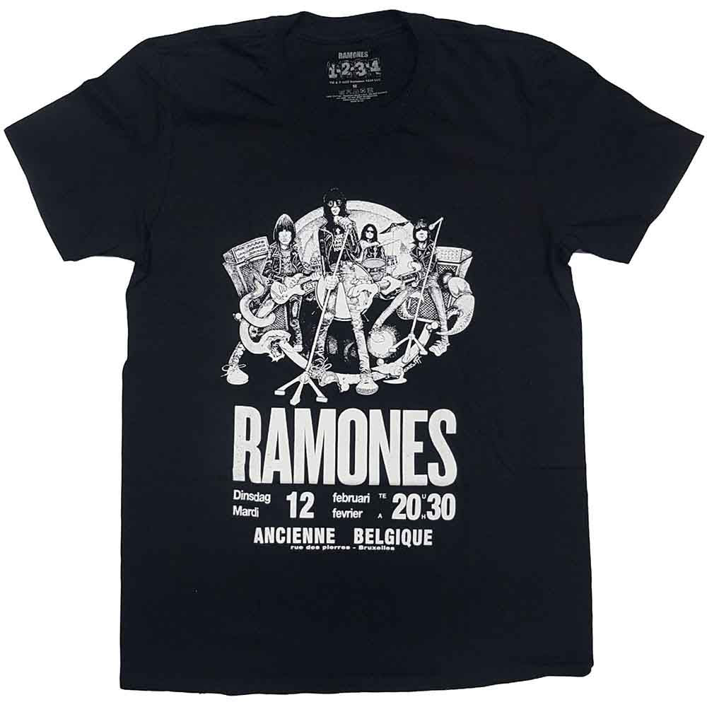 A man wears a black Ramones concert t-shirt featuring a band illustration and text.