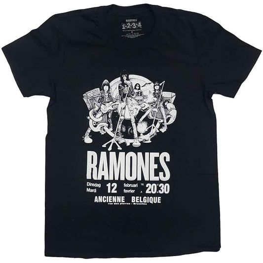 A man wears a black Ramones concert t-shirt featuring a band illustration and text.