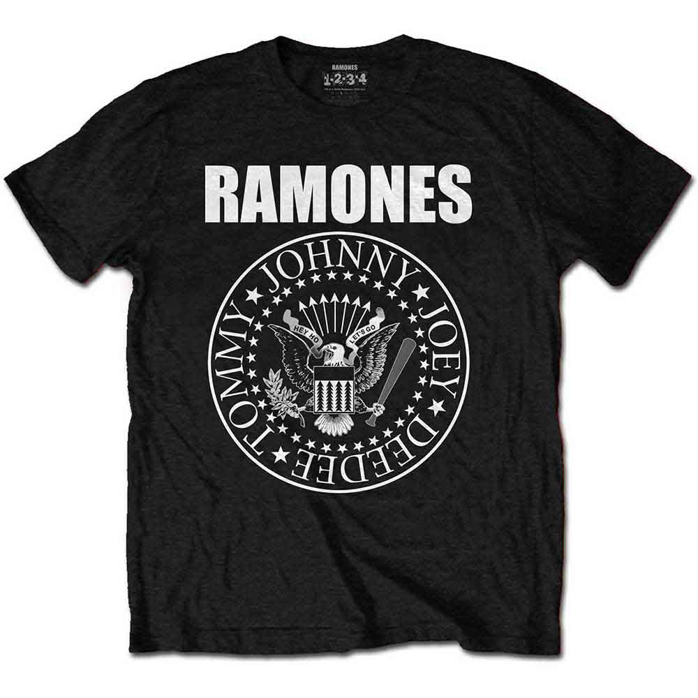 Pink Ramones t-shirt with a presidential seal graphic and band names.