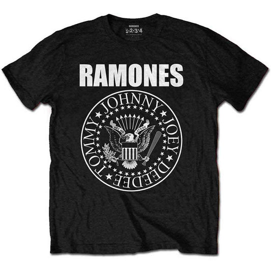 Pink Ramones t-shirt with a presidential seal graphic and band names.