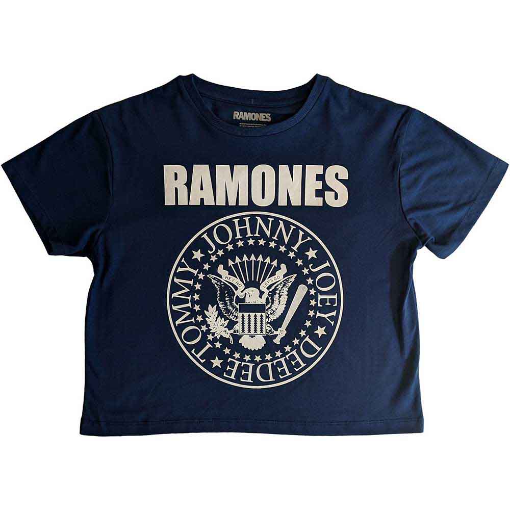 Black Ramones crop top with a white Presidential Seal graphic, size X-Large.