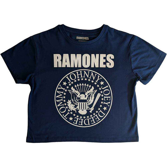 Black Ramones crop top with a white Presidential Seal graphic, size X-Large.