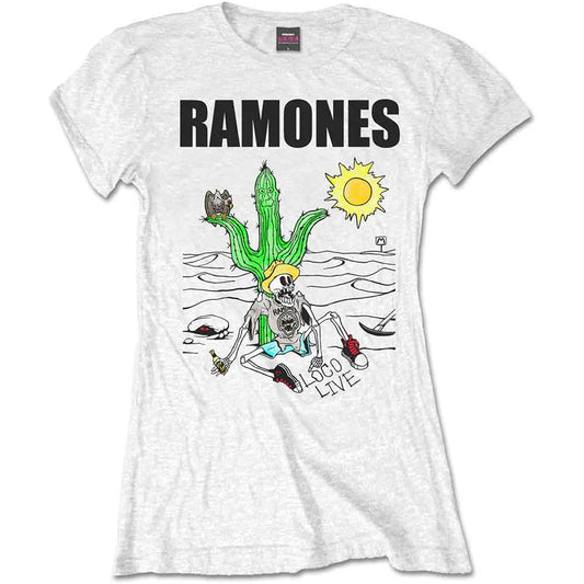 Woman wearing a light pink Ramones t-shirt with a skeleton graphic.