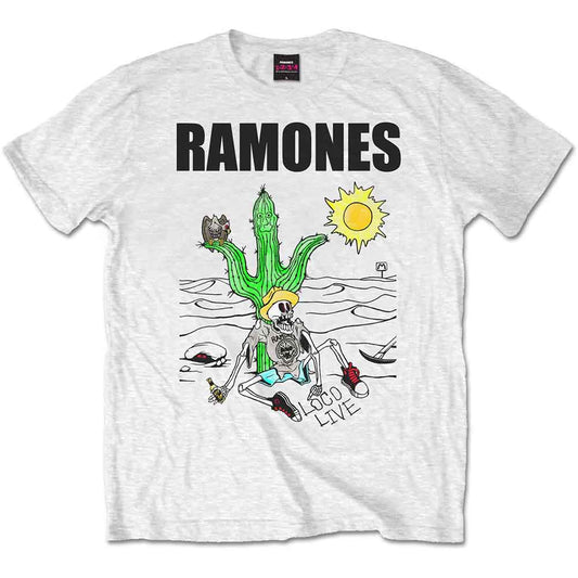 A man wearing a white Ramones Loco Live t-shirt with a skeleton and cactus graphic.