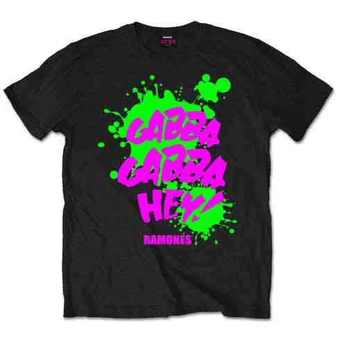 Black Ramones t-shirt with neon green and pink “Gabba Gabba Hey” print.