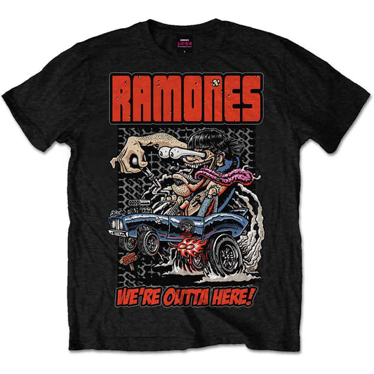 Black Ramones t-shirt with cartoon illustration of a car crash.