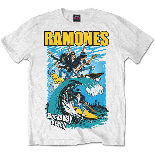 White Ramones Rockaway Beach t-shirt featuring a graphic of the band surfing waves.