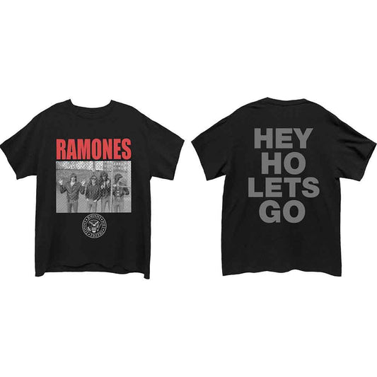 Black Ramones t-shirt with band photo on front and Hey Ho Lets Go text.
