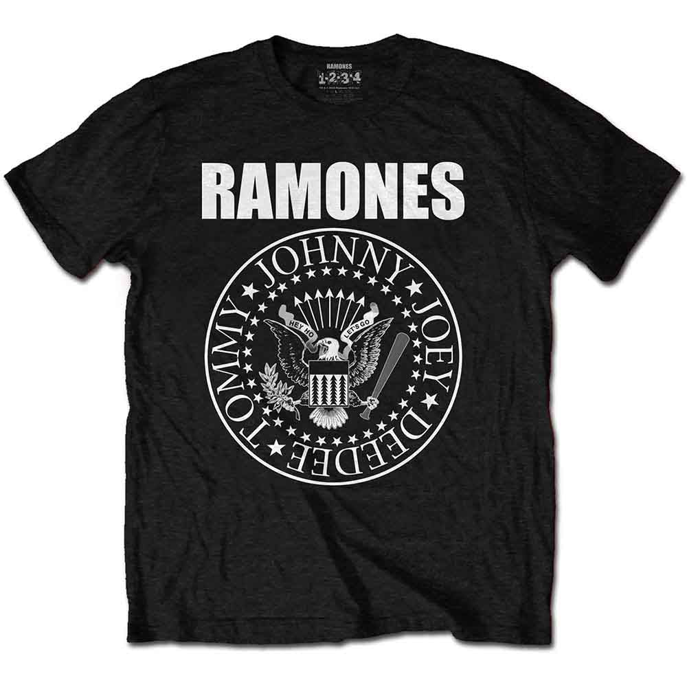 Large, faded black Ramones t-shirt with a white Presidential Seal graphic.