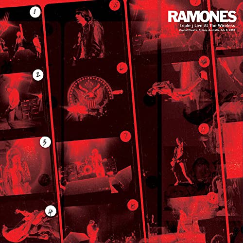 Ramones vinyl record cover, red and black collage of band photos.
