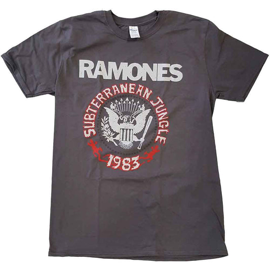 Charcoal grey Ramones t-shirt with band logo and eagle design.