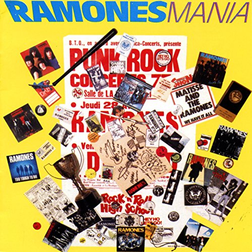 Ramones "Mania" CD cover: collage of punk rock imagery and text.