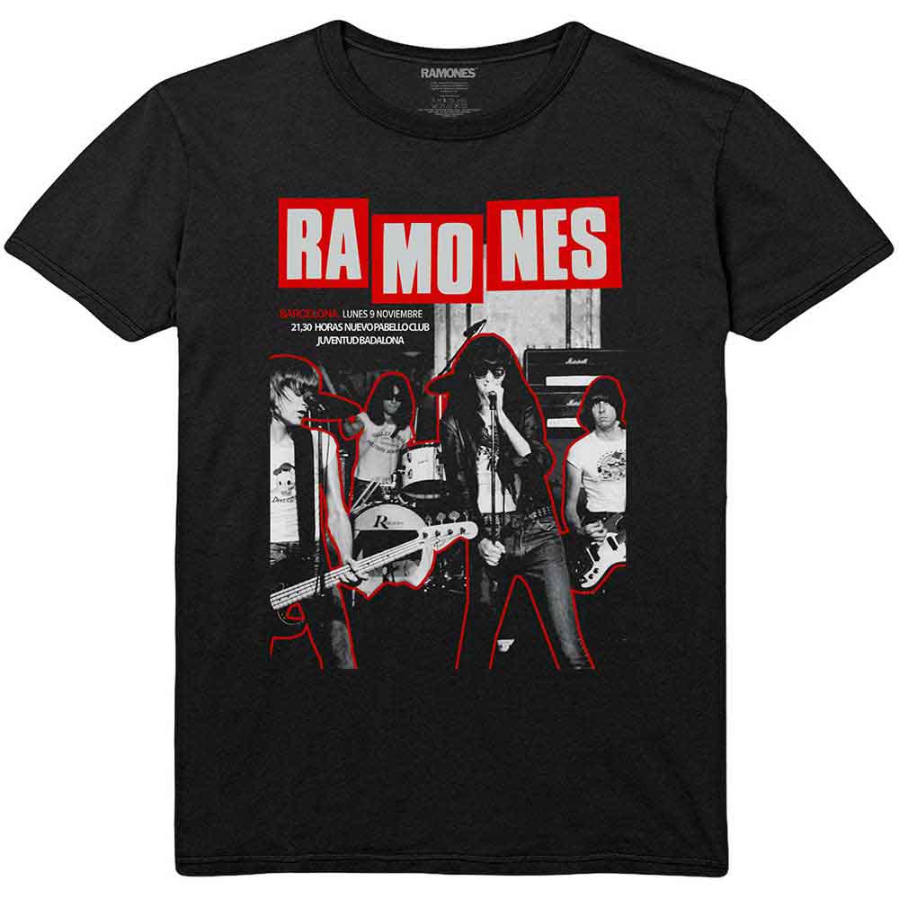 Black unisex t-shirt featuring the Ramones logo and Barcelona text in white print.