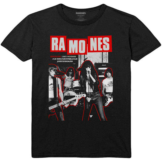 Black unisex t-shirt featuring the Ramones logo and Barcelona text in white print.