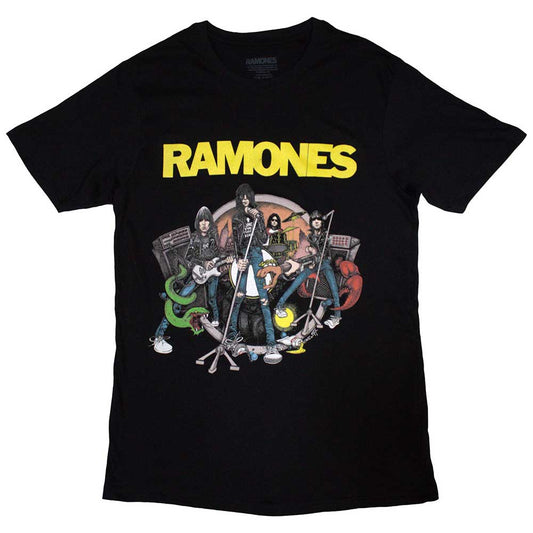 Black t-shirt featuring a cartoon illustration of the Ramones band members.
