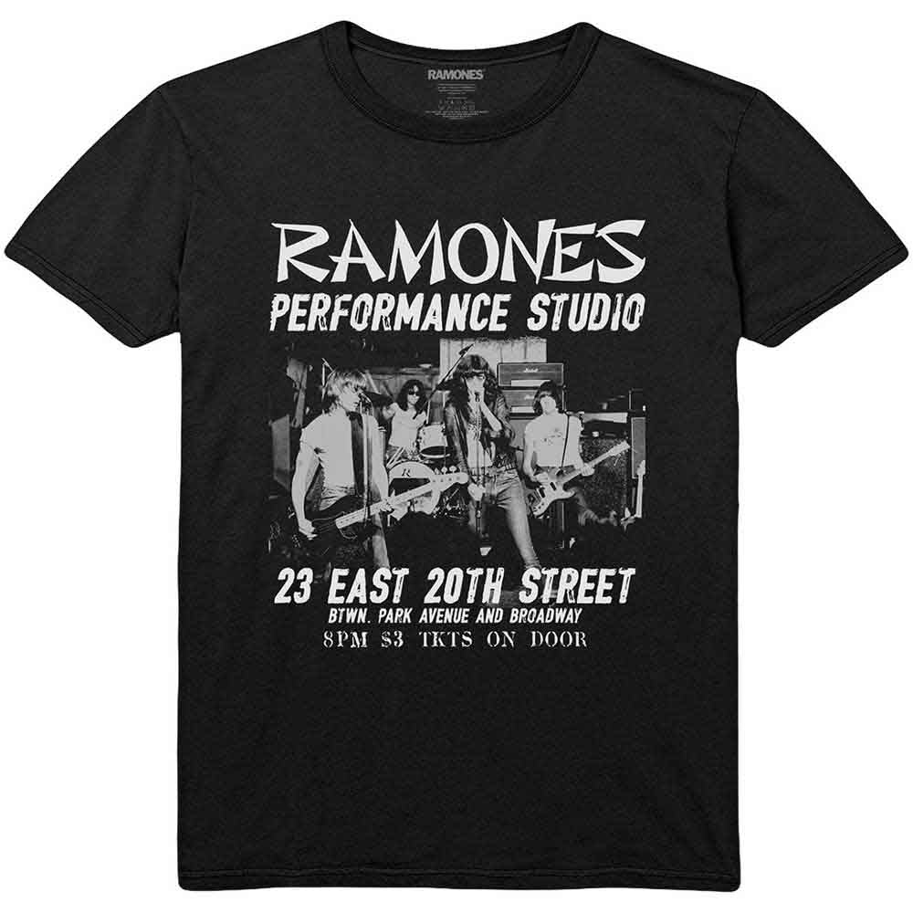 Black t-shirt featuring Ramones logo and "East Village" graphic, size large.