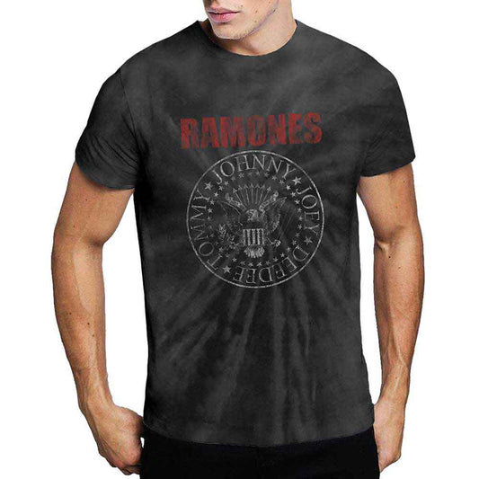 Large unisex t-shirt with a dip-dye effect and Ramones presidential seal graphic.