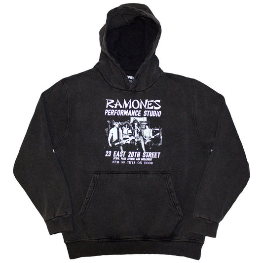 Medium grey unisex pullover hoodie featuring a distressed Ramones East Village graphic print.