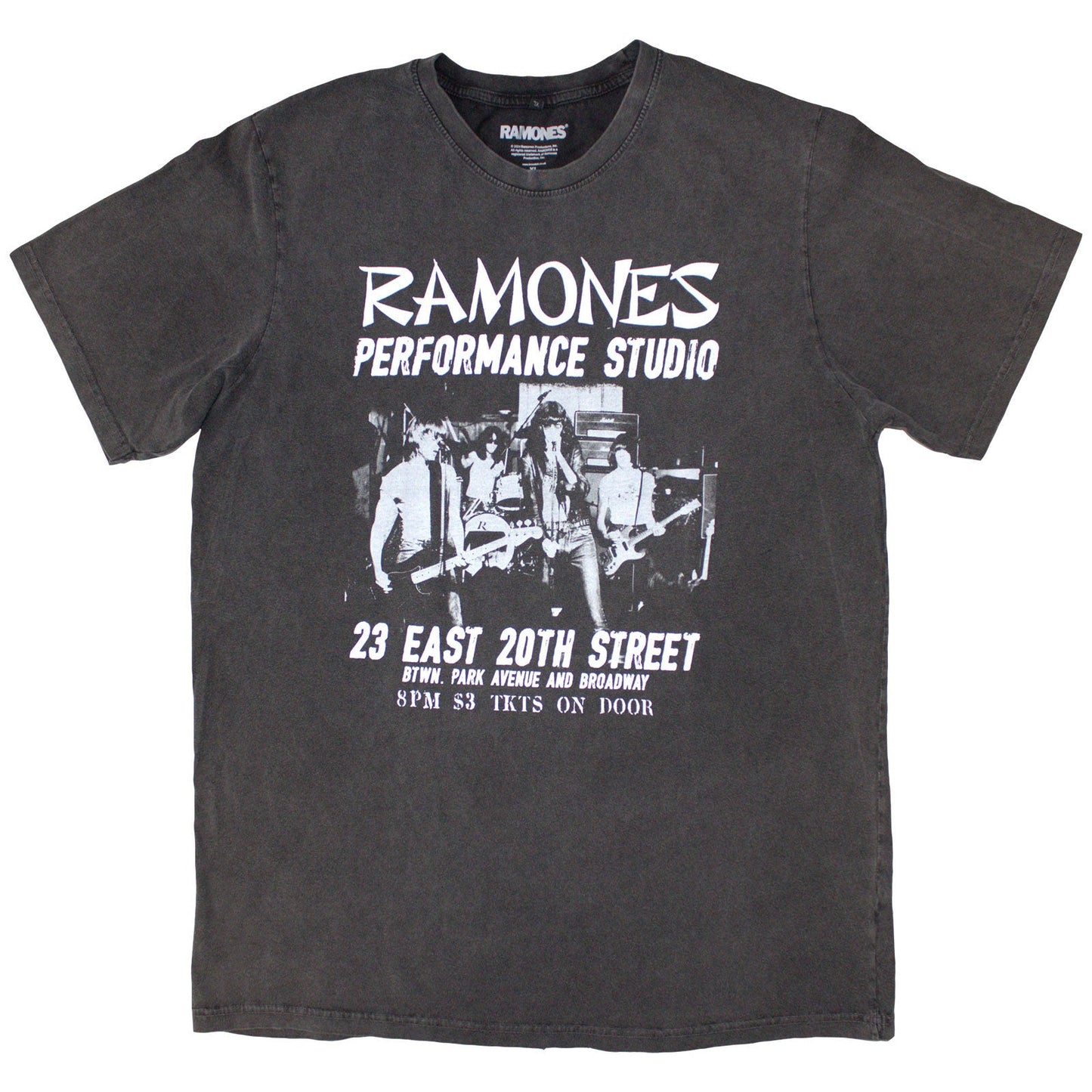 Washed gray t-shirt featuring Ramones logo and “East Village” text.