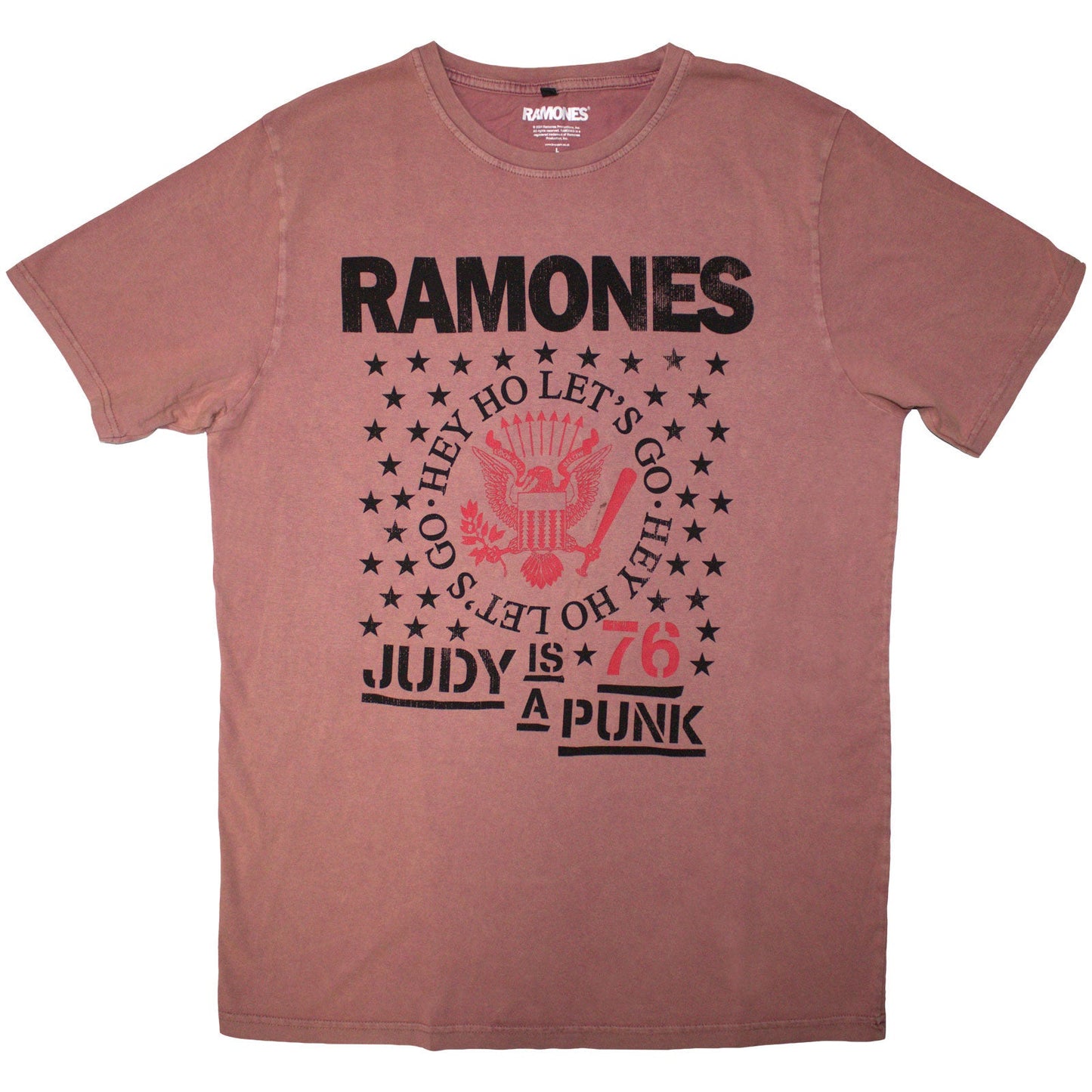 Red, stone-washed Ramones t-shirt with "Hey Ho Judy" graphic, size medium.