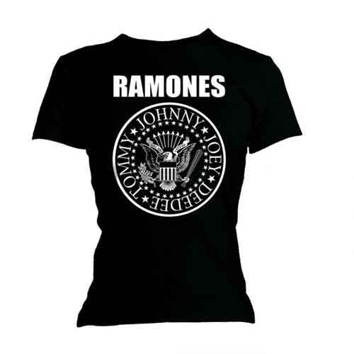 Black Ramones t-shirt with presidential seal logo, worn by a woman.