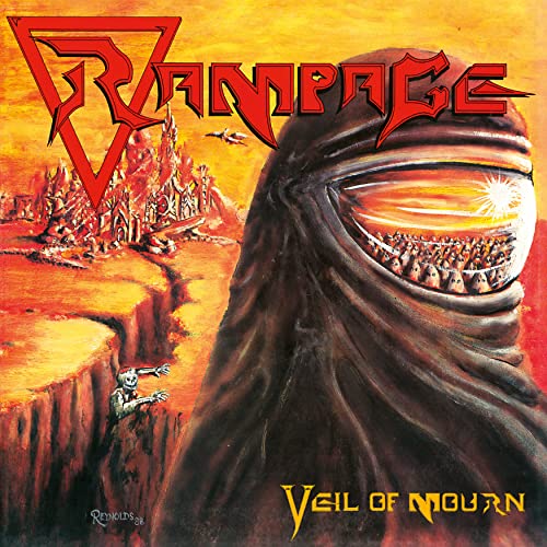 Rampage album cover, "Veil of Mourn," featuring a hooded figure and cityscape.