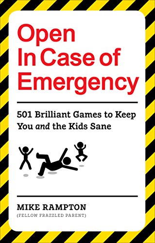 Red and white "Open In Case of Emergency" game book with cartoon figures.