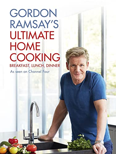 Cookbook cover featuring Gordon Ramsay at a kitchen sink with produce.
