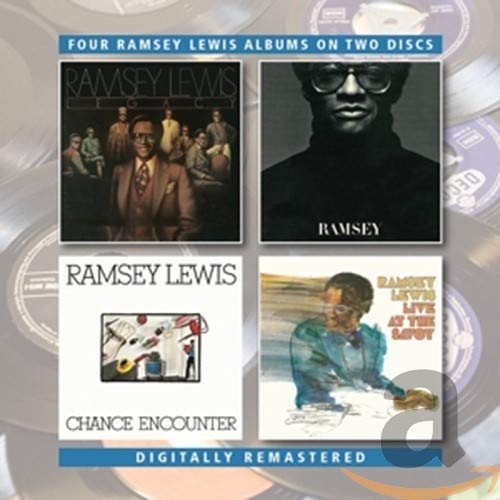 Four album covers by Ramsey Lewis displayed on a background of vinyl records.