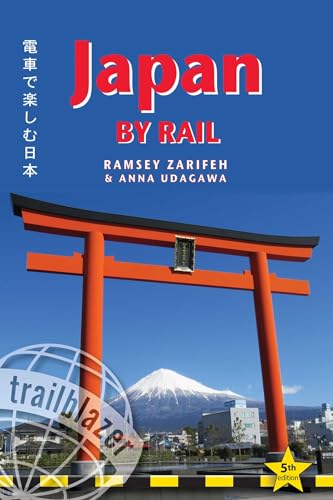 Book cover: “Japan by Rail” with a red torii gate and Mount Fuji.