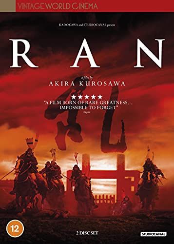 DVD cover for Akira Kurosawa's Ran featuring samurai on horseback against a red sky.
