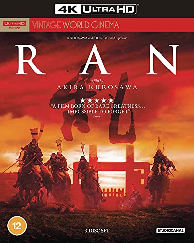 Blu-ray cover for Akira Kurosawa's film Ran featuring samurai on horseback against red sky.
