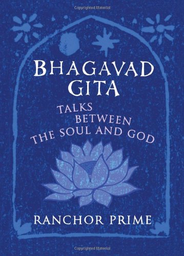 Book cover: “Bhagavad Gita” with blue floral design and lotus.