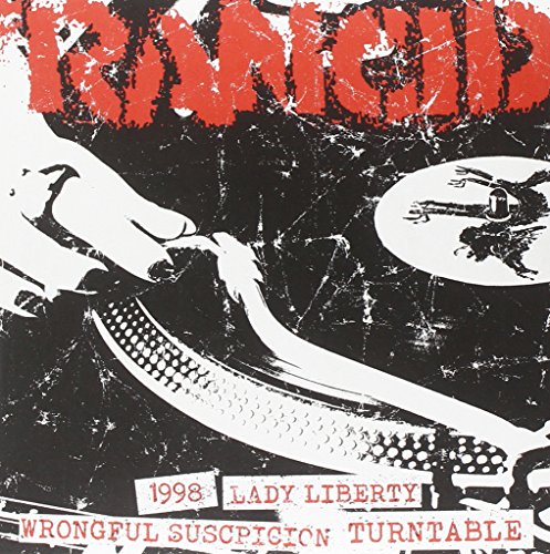 Rancid album cover featuring a cracked surface, Statue of Liberty, and turntable.