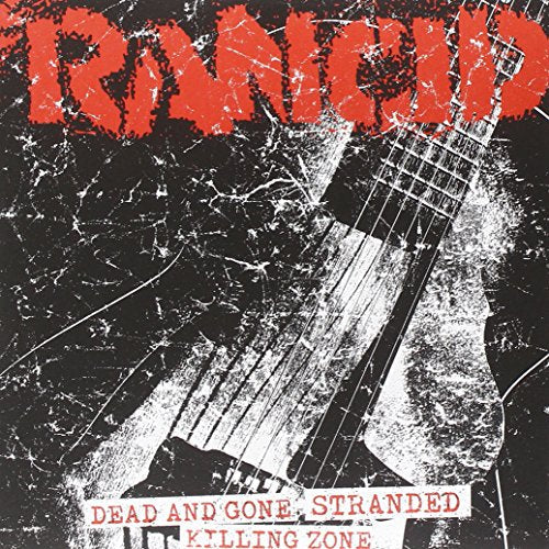 Grungy black and white guitar graphic with red Rancid logo and song titles.