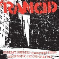 Black and white city street scene with red Rancid logo and song titles below.
