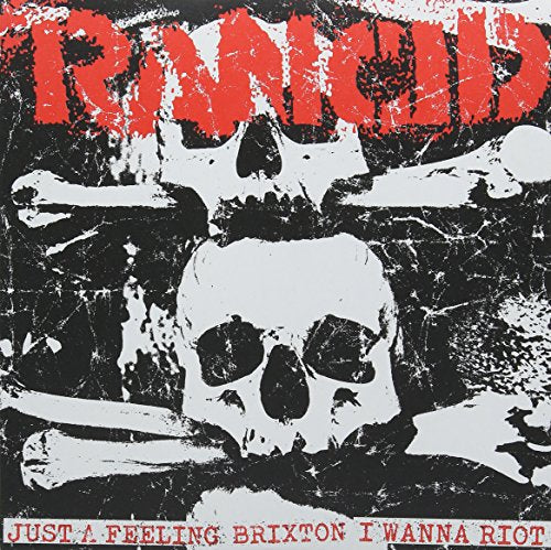 Vinyl cover with red Rancid logo, white skull and crossbones on black distressed background.
