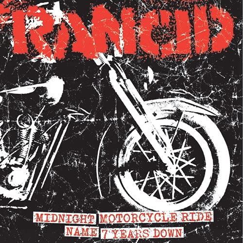 Rancid album cover: distressed red text, motorcycle, and white lettering.