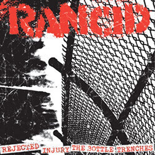 Black and white image of a chain-link fence with red text reading Rancid above.