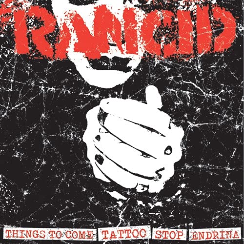 Black and white graphic of a hand with red Rancid logo and text below.