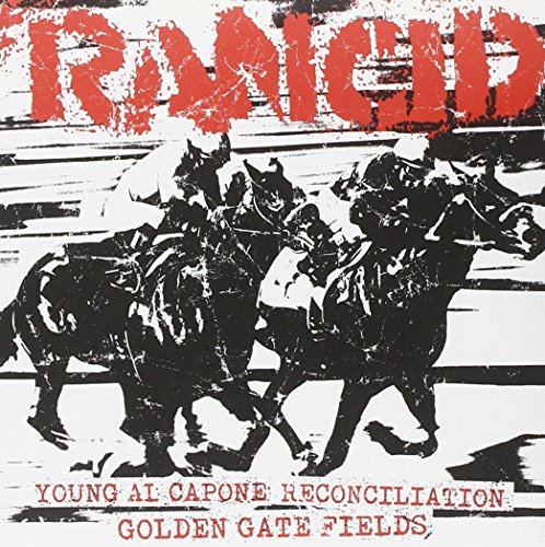 Black and white graphic of jockeys racing horses with red Rancid logo above.