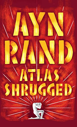 Book cover for “Atlas Shrugged” with gold text on a red background.