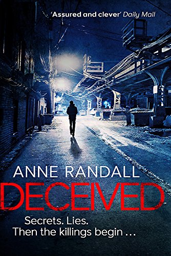 Book cover: dark alley, lone figure walking away, bold red title "Deceived".