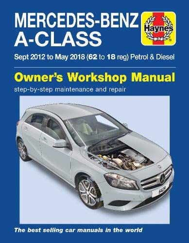 Silver Mercedes-Benz A-Class car with an open hood, workshop manual cover.