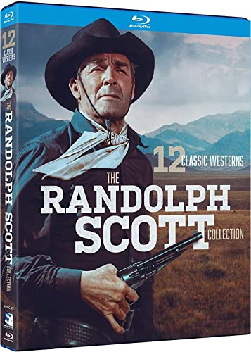 Randolph Scott in a cowboy hat holding a gun, Blu-ray case.
